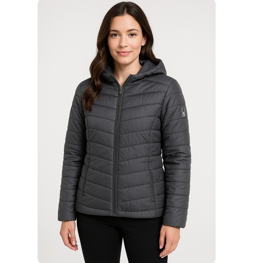 Spyder Women's Hooded Puffer Jacket Gray Medium Lightweight Packable Coat
